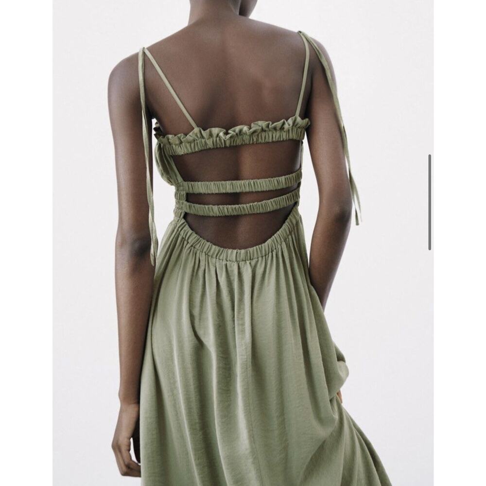 Zara Green Open Elastic Ruffle Back Spaghetti Strap Midi Dress - Picture 4 of 13